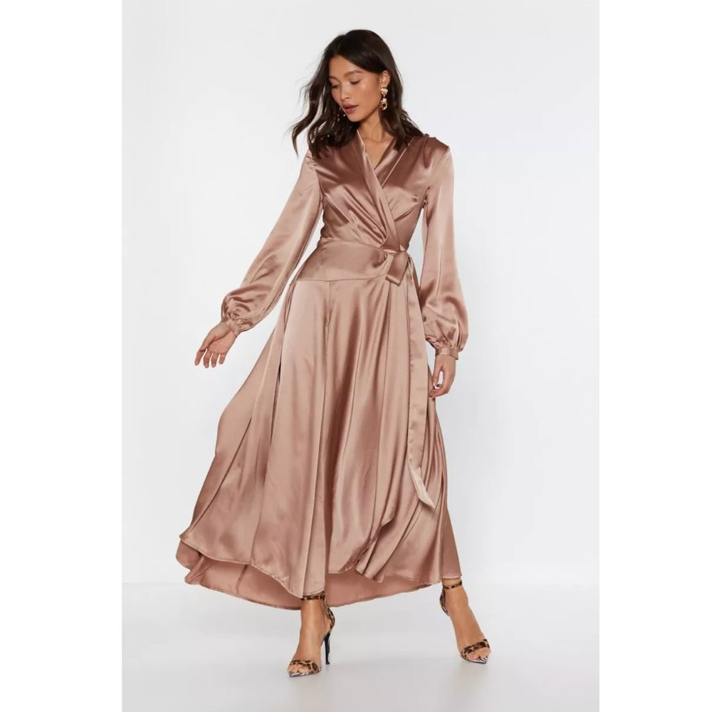 Nasty Gal Satin Long Sleeve Maxi Wrap Dress